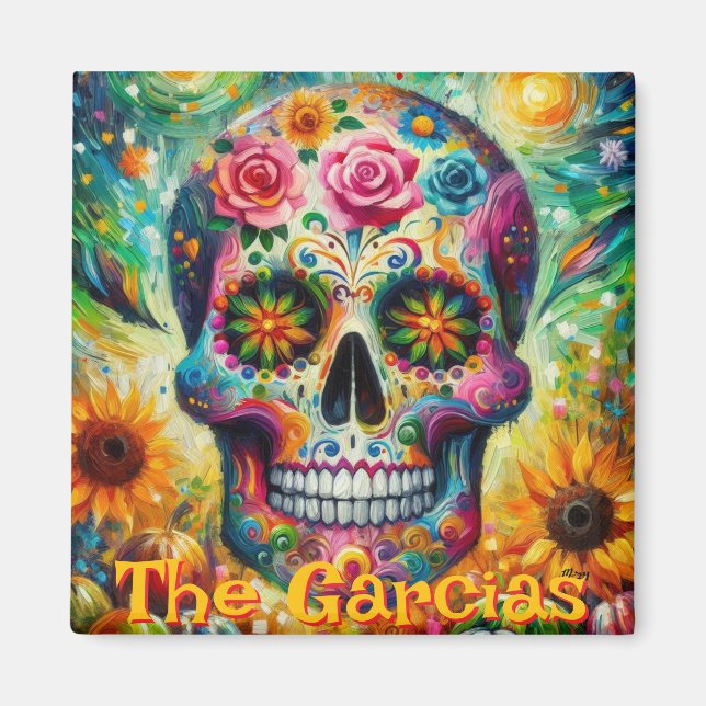 Blommigt Ro SolrossolrosPersonlig av sockerskull Magnet (Framsidan)