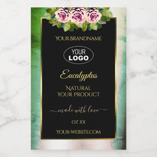 Blommigt Ro Teal Marble Black Product Labels Logot Mat Etikett (Singel etikett)