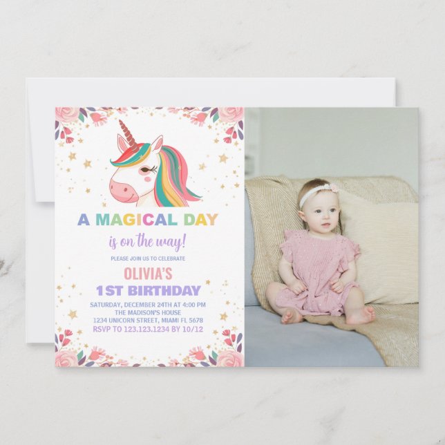 Blommigt Ro Unicorn Birthday-inbjudningar med foto Inbjudningar (Framsida)
