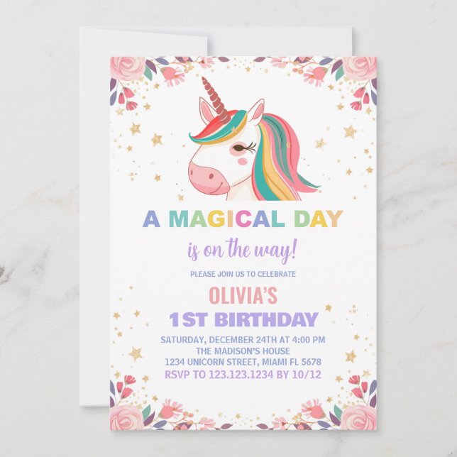 Blommigt Ro Unicorn Birthday Investigations Inbjudningar (Framsida)
