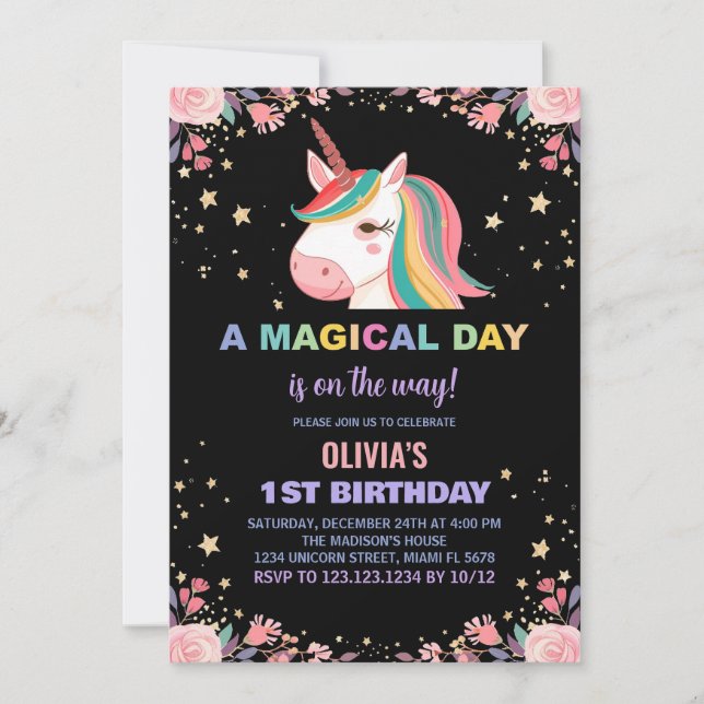 Blommigt Ro Unicorn Birthday Investigations Inbjudningar (Framsida)