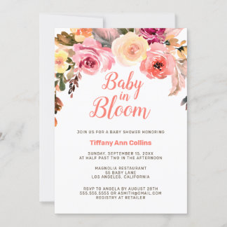 Blommigt Ro Watercolor Baby i Bloom Baby Shower Inbjudningar