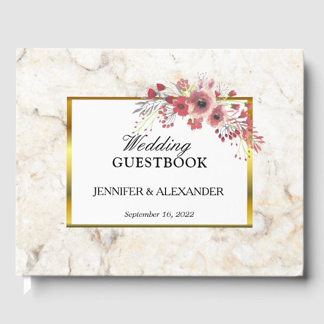 Blommigt röd rosa vit marmor Bröllop Gästböcker (Framsida)