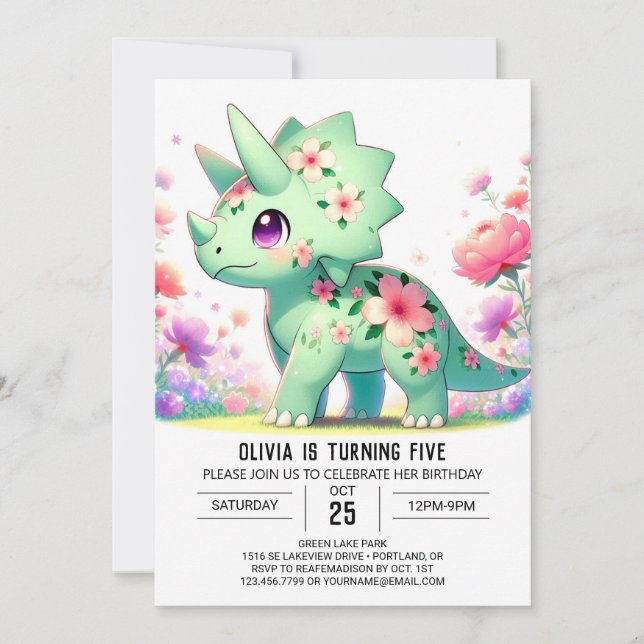 Blommigt Roligt Dinosaur Digital Birthday Inbjudningar (Framsida)