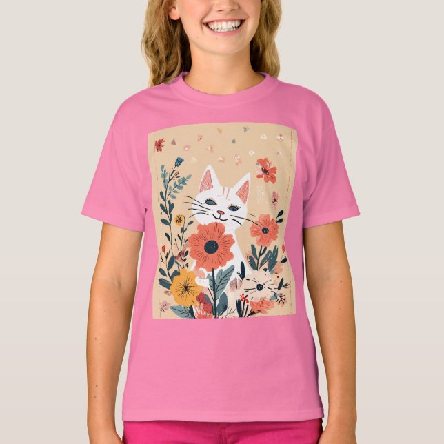 "Blommigt Roligt: Kattens speltid med blommor" T Shirt (Framsida)