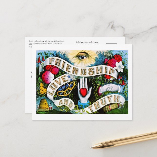 Blommigt Romantic Valentine Kärlek Vänskap Masonic Vykort (Fram/Back In Situ)