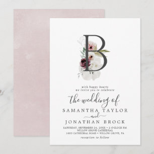 Blommigt Romantik Brev B Monogram Bröllop Inbjudningar