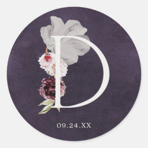 Blommigt Romantik Brev D Monogram Plum Bröllop säl Runt Klistermärke