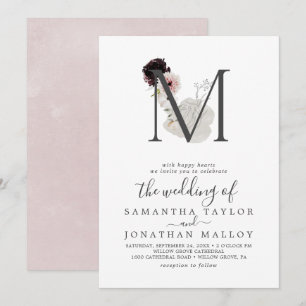 Blommigt Romantik Brev M Monogram Bröllop Inbjudningar