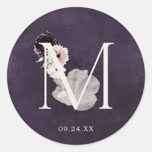 Blommigt Romantik Brev M Monogram Plum Bröllop säl Runt Klistermärke