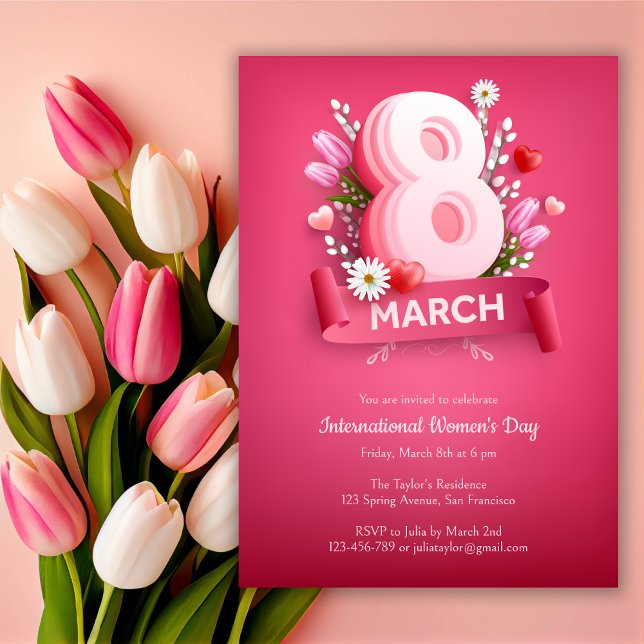 Blommigt Rosa 8 mars Könsdagen Firande Inbjudningar (Skapare uppladdad)
