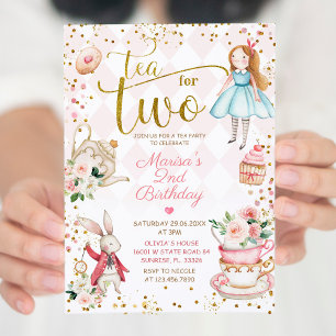Blommigt Rosa Alice Tea för två Födelsedagsfester Inbjudningar
