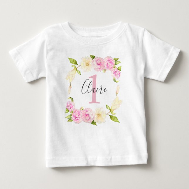 Blommigt Rosa av andedräkt Första födelsedagen T Shirt (Framsida)