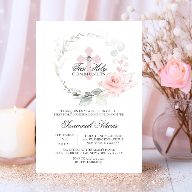 Blommigt Rosa av andedräkt Första Heligan Kommunis Inbjudningar (Floral Wreath Pink First Holy Communion GIRL Invitation)