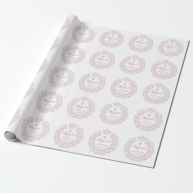 Blommigt Rosa Baby Angel Kor Baptism Presentpapper (Utrullad)