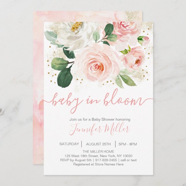 Blommigt  Rosa Baby i bloombabyskor Inbjudningar (Fram/baksida)