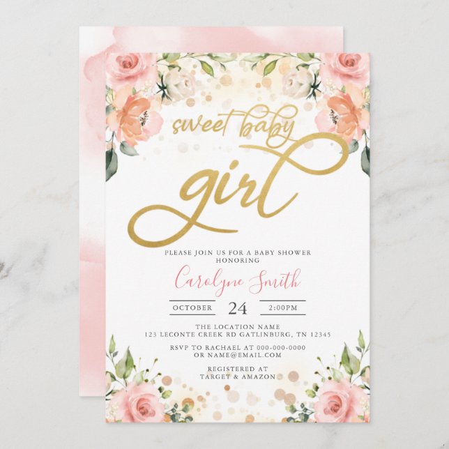 Blommigt Rosa  Baby Shower-inbjudan Flicka Inbjudningar (Fram/baksida)