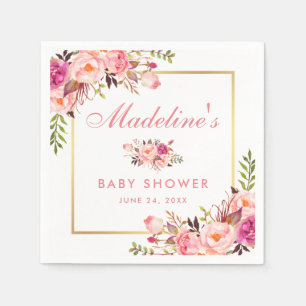 Blommigt Rosa babyduschen Guld Ram Pappersservett