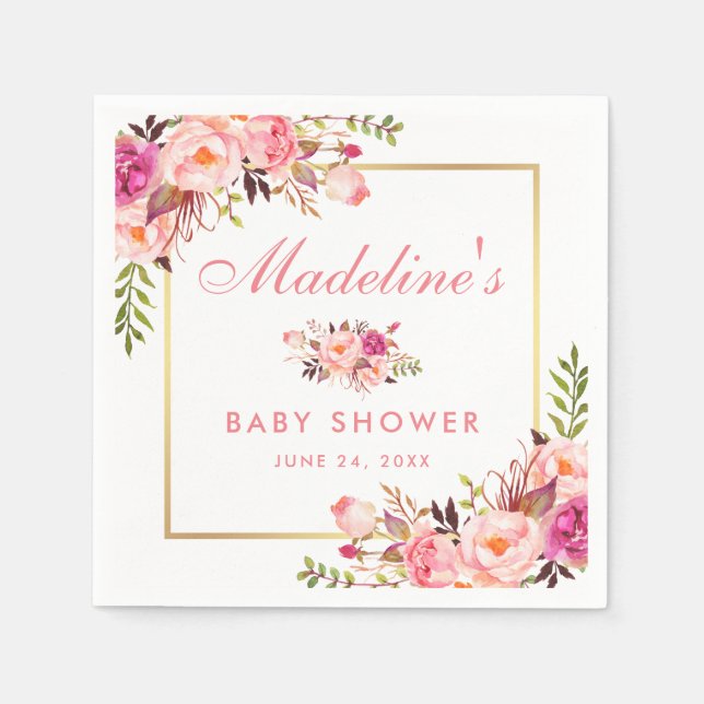 Blommigt Rosa  babyduschen Guld Ram Pappersservett (Framsidan)