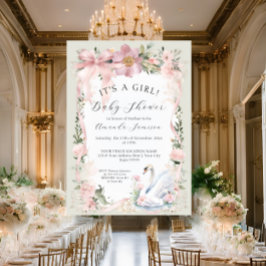 Blommigt  Rosa Bandet Elegant Svan Baby Shower Inbjudningar