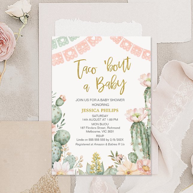 Blommigt Rosa Banner Taco Bout A Baby Baby Shower Inbjudningar (Boho Blush Floral Taco 'bout a Baby baby Shower Invitation Template, Girls Taco 'bout a Baby Invite)