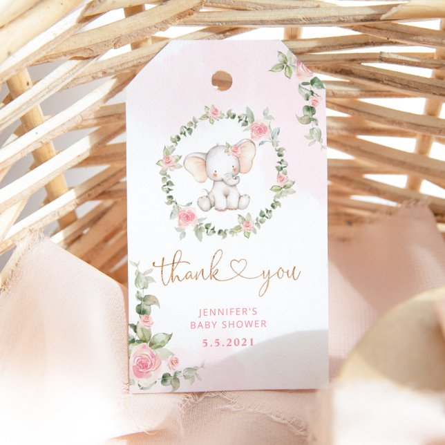 Blommigt rosa - barndusch för elefantbarn presentetikett (Skapare uppladdad)
