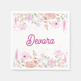 Blommigt rosa bas mitzva napkin med namn pappersservett