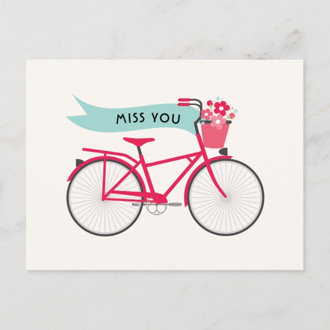 Blommigt Rosa Bike Miss You Anpassningsbar Vykort (Framsida)