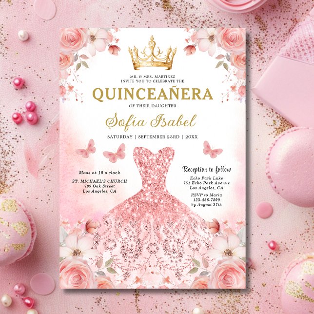 Blommigt  Rosa Bilingual Spain Quinceanera Inbjudningar (Skapare uppladdad)