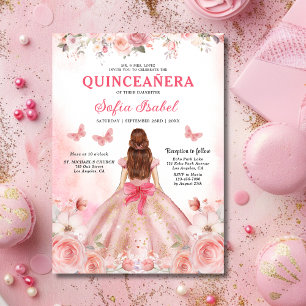 Blommigt  Rosa Bilingual Spain Quinceanera Inbjudningar