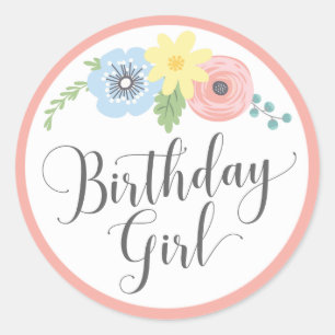 Blommigt Rosa Birthday Girl Baby & Kids Party Runt Klistermärke