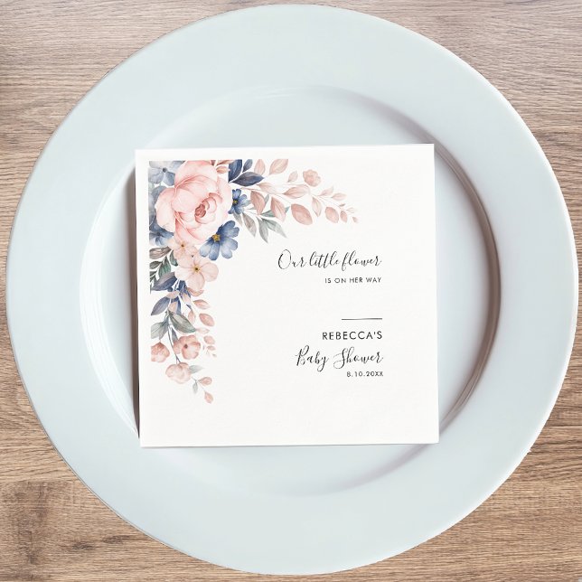 Blommigt Rosa Blåa blommor Vattenfärgsbabyskor för Pappersservett (Blush Pink Floral Baby Shower Paper Napkins)