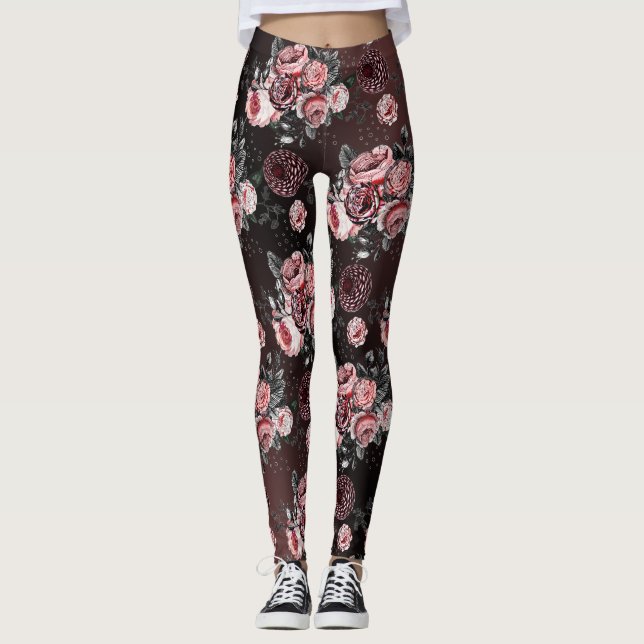 Blommigt Rosa Black Lila Vintage Ro Mönster Leggings (Framsida)