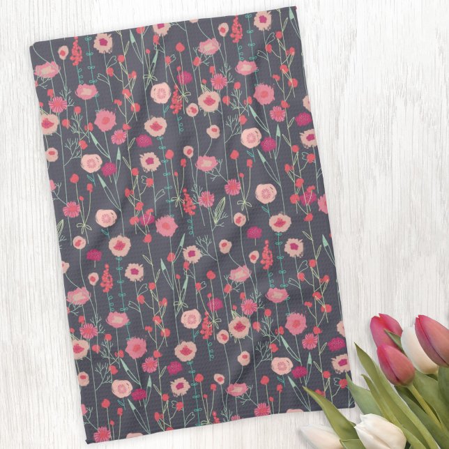 Blommigt Rosa Black Mönster Kökshandduk (Boho floral pink and charcoal gray kitchen towel)
