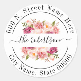 Blommigt rosa blommor boho chic returadress runt klistermärke