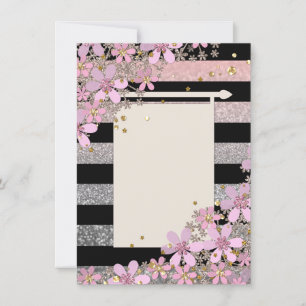 Blommigt rosa Blommor guldfärgad polka dots stripe Inbjudningar