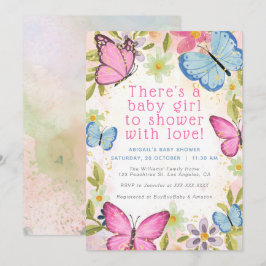 Blommigt Rosa/Blue/Guld Butterflies Girl Baby Show Inbjudningar