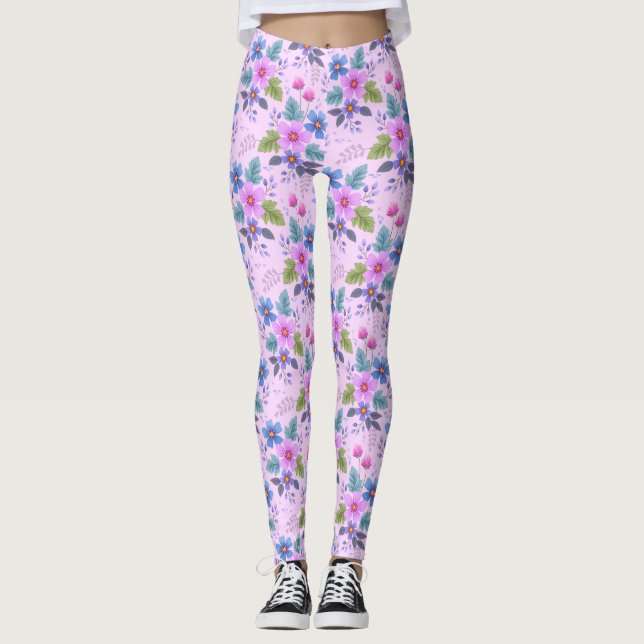 Blommigt Rosa Blue Violet Flowers Mönster-36841 Leggings (Framsida)