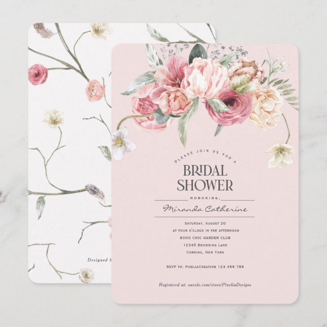 blommigt  rosa boho chic blommigt möhippa inbjudningar (Fram/baksida)