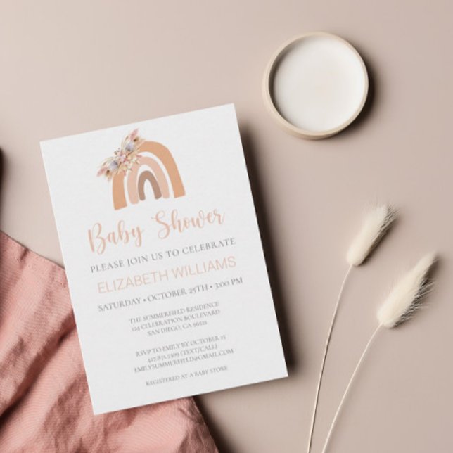 Blommigt Rosa Boho Rainbow Pampas Grass Baby Showe Inbjudningar (Skapare uppladdad)