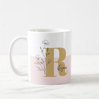 Blommigt Rosa Bold Monogram Namn Kaffemugg
