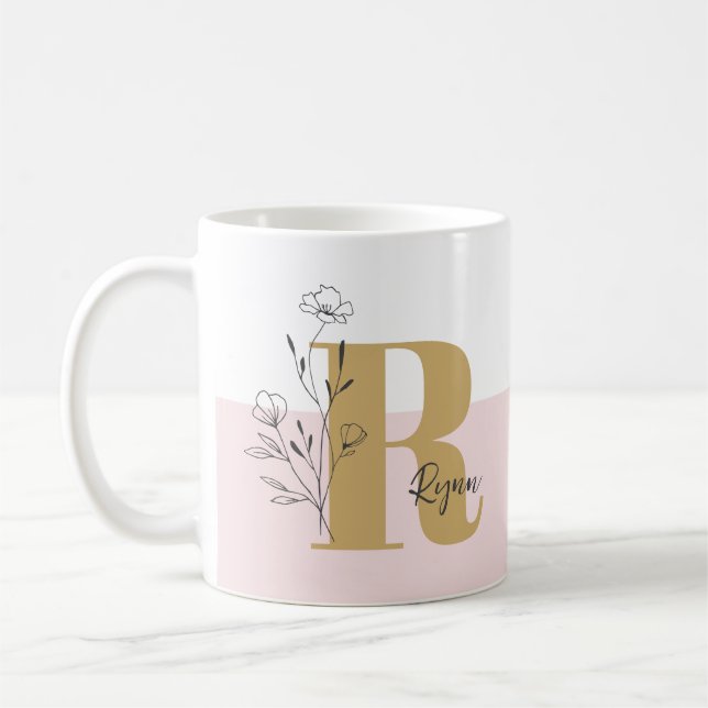Blommigt Rosa Bold Monogram Namn Kaffemugg (Vänster)