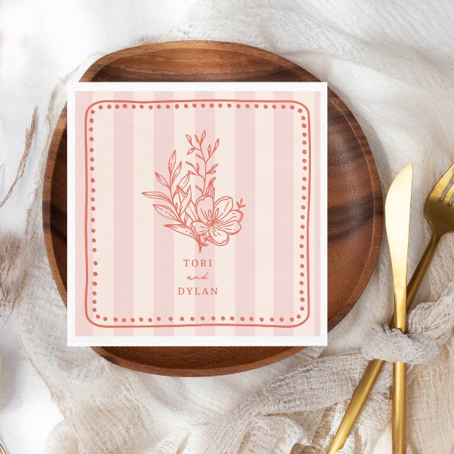 Blommigt Rosa Bouquet Rand Bröllop Pappersservett (Skapare uppladdad)