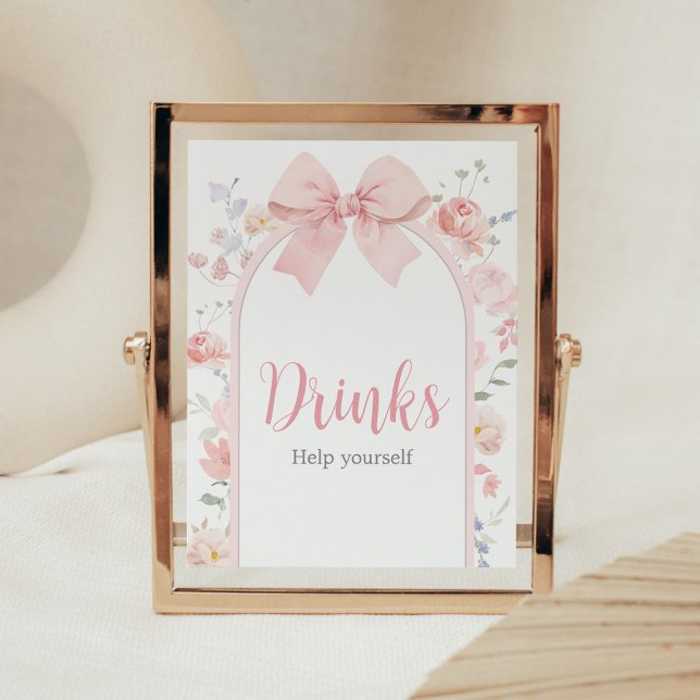 Blommigt Rosa Bow Baby i Blom Baby Shower Driners  Poster (Pink Bow Baby in Bloom Baby Shower Drinks Sign)