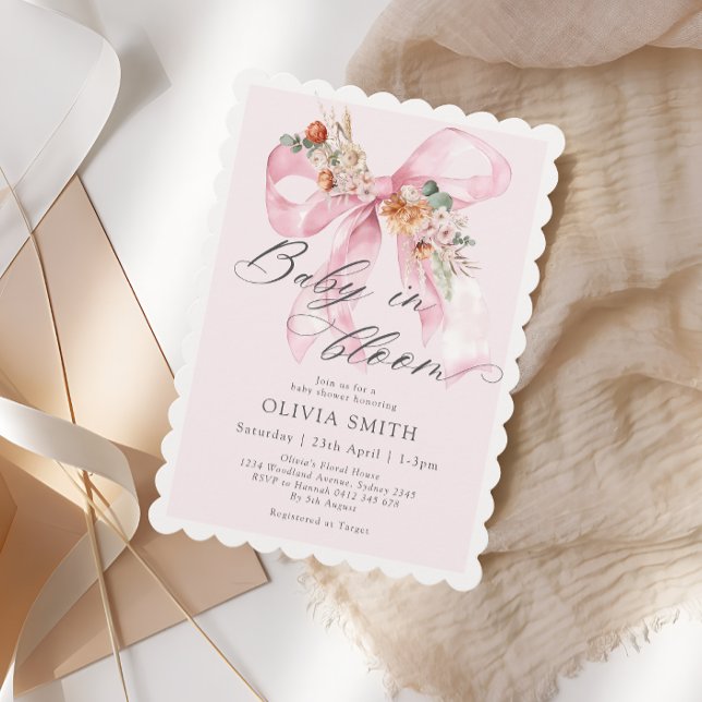Blommigt  Rosa Bow Baby i Bloom Baby Shower Inbjudningar (Skapare uppladdad)
