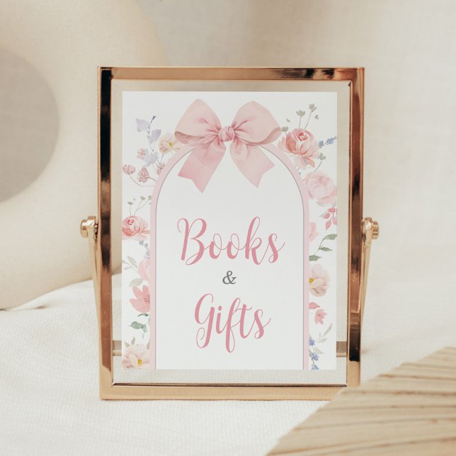 Blommigt Rosa Bow Baby i Bloom Bokar och gåvor Poster (Pink Bow Baby in Bloom Baby Shower Books and Gifts Sign)