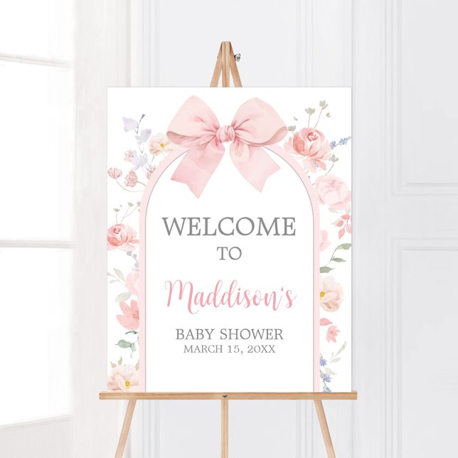 Blommigt Rosa Bow Baby i blooms välkomsttecken Poster (Pink Bow Baby in Bloom Baby Shower Welcome Sign)