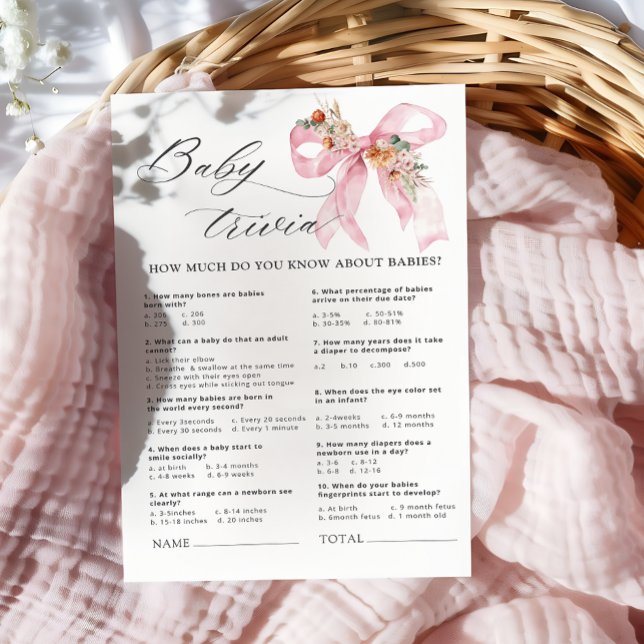Blommigt Rosa Bow Baby Shower Baby Trivia-spel (Skapare uppladdad)