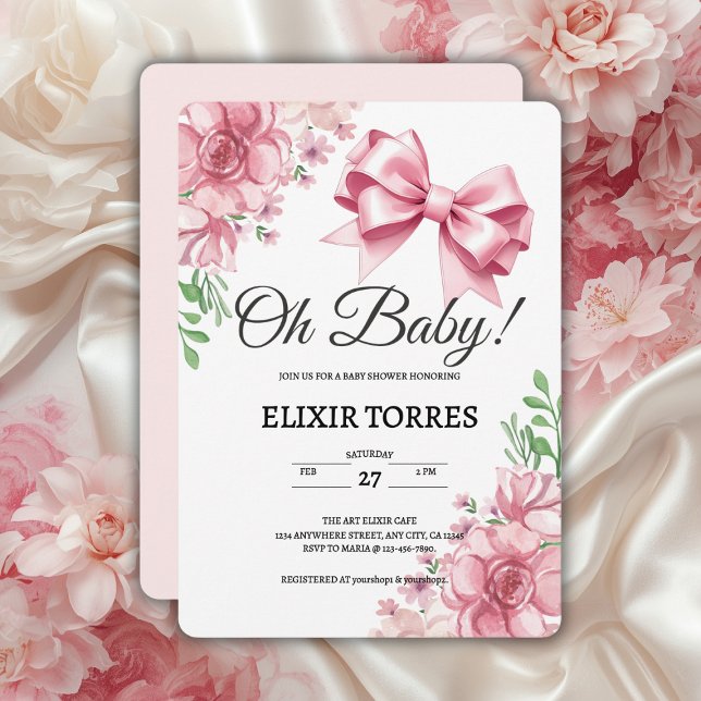 Blommigt Rosa Bow Baby Shower Inbjudningar (Skapare uppladdad)