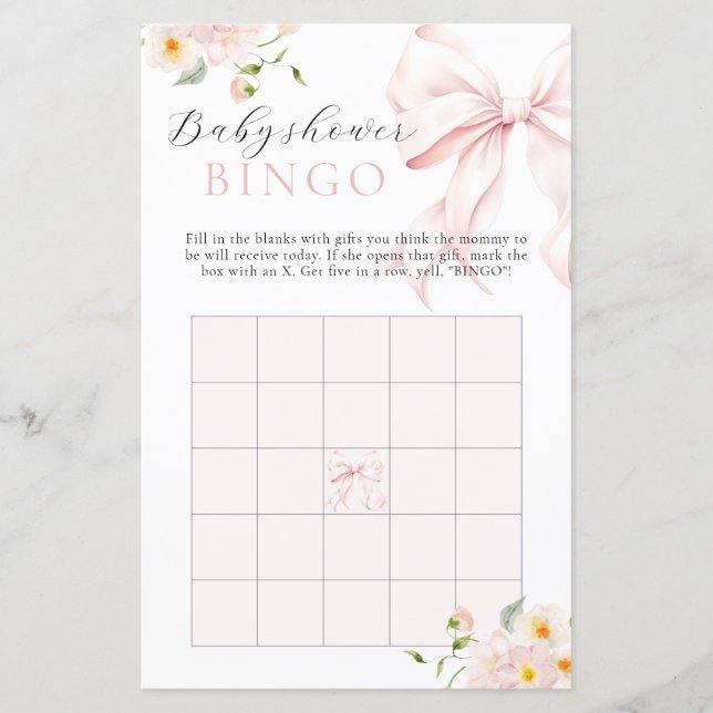 Blommigt Rosa Bow Bloom Baby Shower Gift Bingo Gam (Framsida)